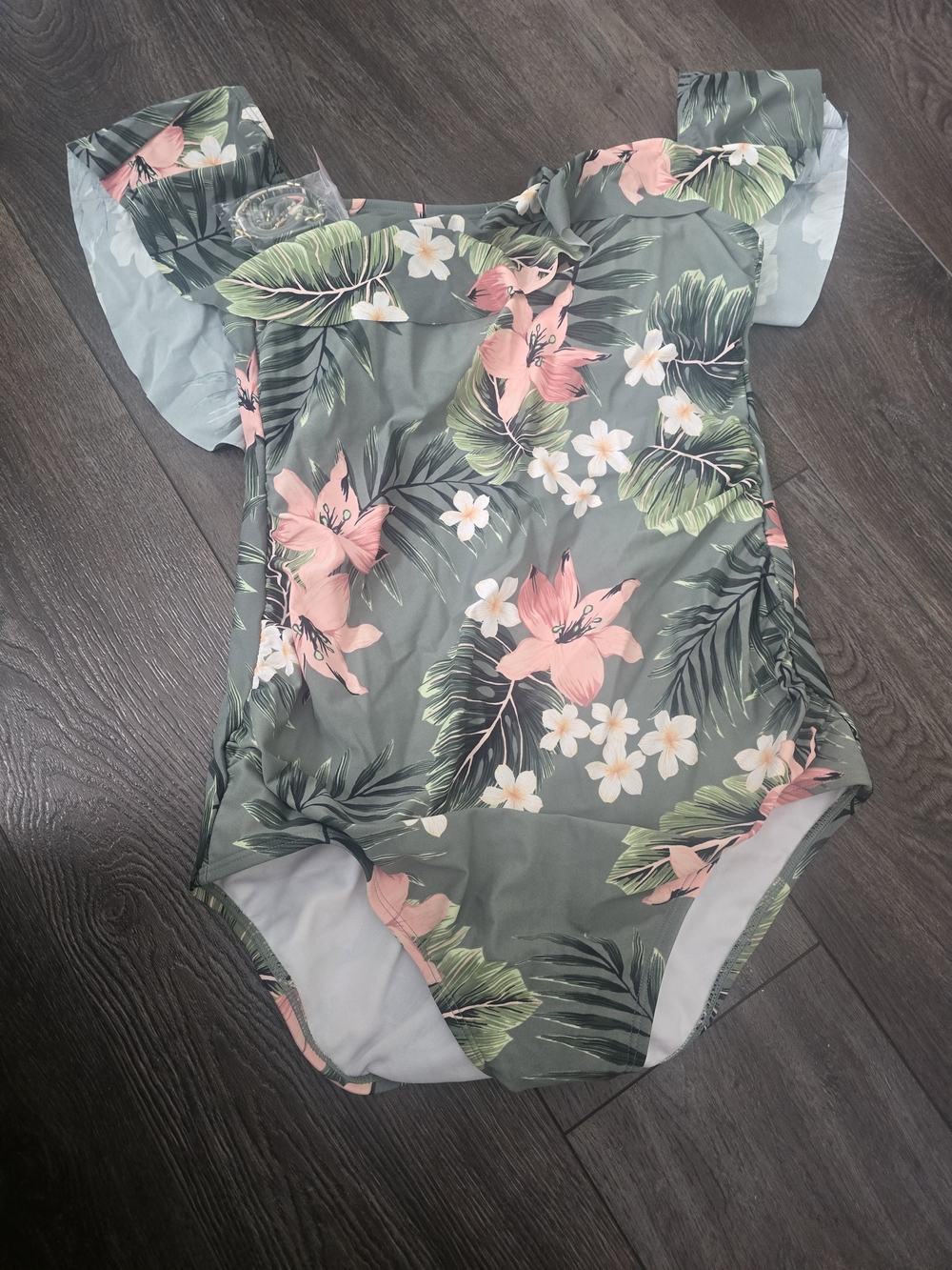 Kona Sol Olive Green Floral One-Piece Swimsuit with Pink & White Flowers